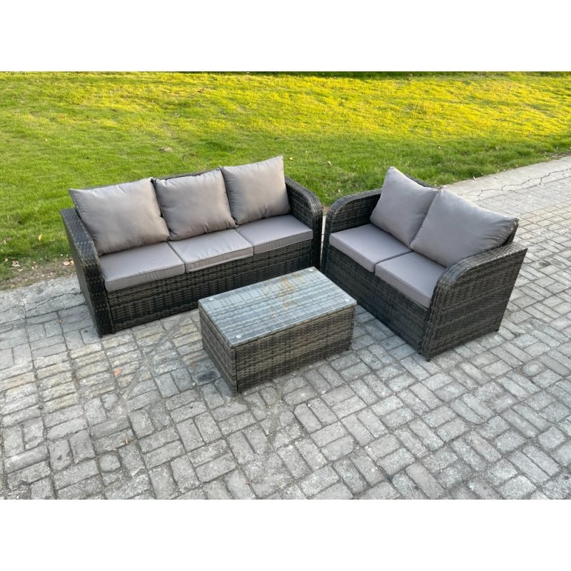 Fimous 5 Seater Rattan Wicker Garden Furniture Patio Conservatory Sofa Set with Rectangular Coffee Table 3 Seater Sofa Love Sofa
