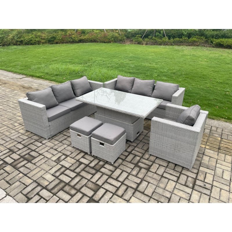 Fimous 9 Seater Outdoor PE Rattan Garden Funiture Set Height Adjustable Rising Lifting Table Sofa Dining Set with Armchair 2 Small Footstools