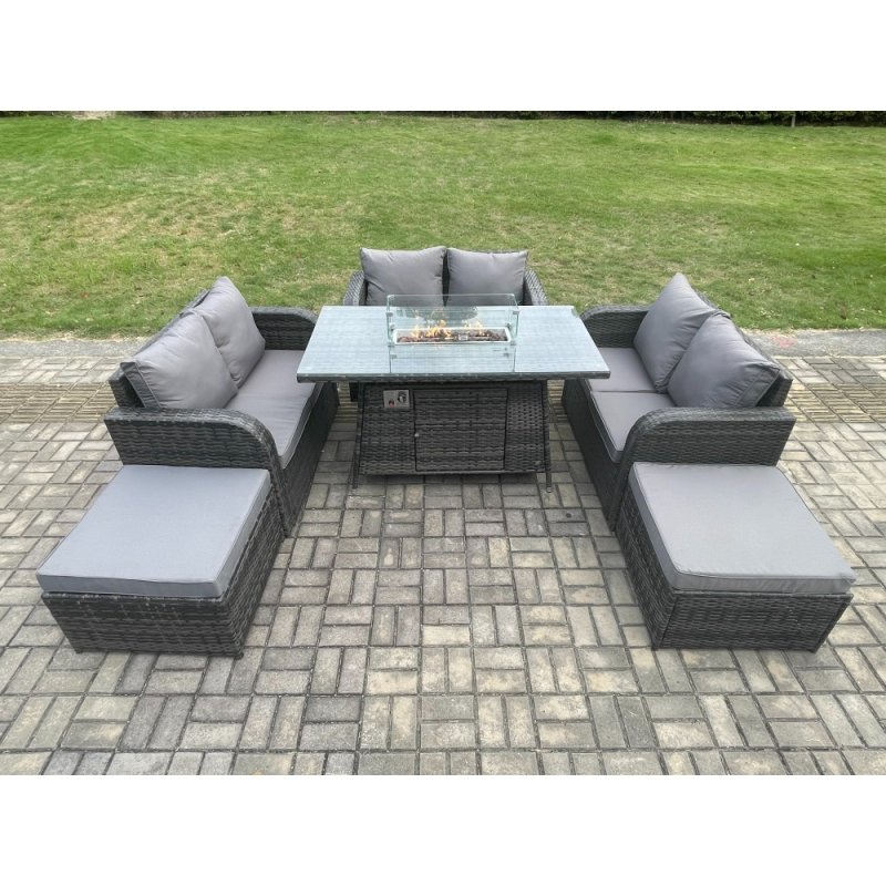 Fimous 8 Seater Rattan Outdoor Garden Furniture Sofa Set Gas Fire Pit Dining Table Gas Heater with Love Sofa 2 Big Footstool Dark Grey Mixed