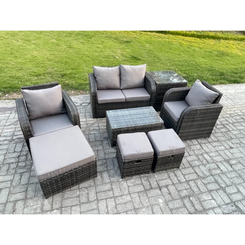 Fimous Wicker PE Rattan Outdoor Furniture Set Garden Love Sofa Coffee Table 2 Armchair 3 Footstools Side Table Dark Grey Mixed