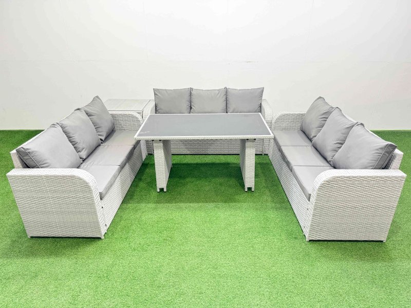 Fimous Patio Garden Furniture Sets with Black Glass Top Dining Table 3 Seater Sofa Side Table Light Grey