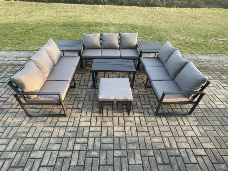Fimous Aluminium 10 Seater Outdoor Garden Furniture Set Lounge Sofa Oblong Coffee Table Big Footstool Side Table Sets with Cushions Dark Grey