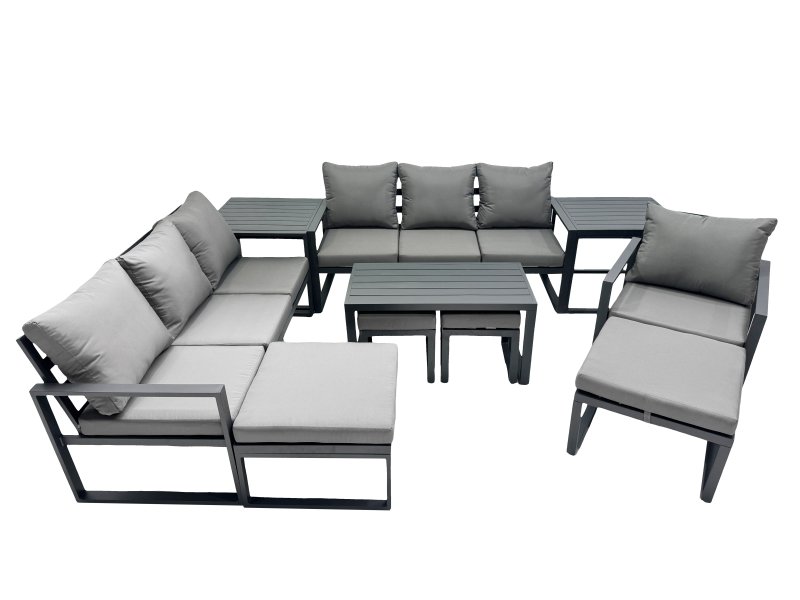 Fimous Outdoor Garden Furniture Set Aluminium Lounge 3 Seat Sofa Oblong Coffee Table Sets with Chair 4 Stools 2 Side Tables Dark Grey