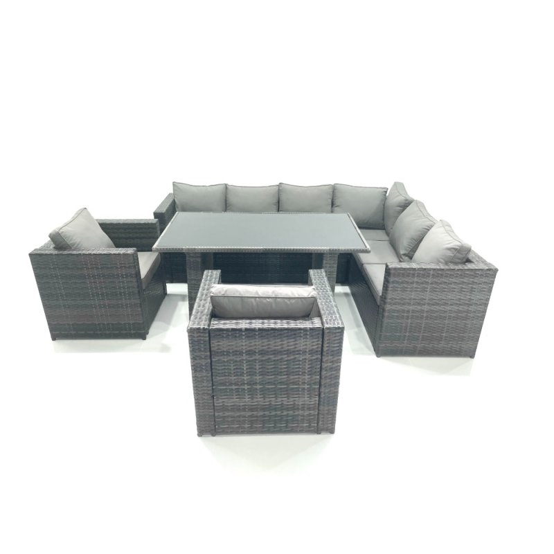 Fimous Outdoor Lounge Rattan Corner Sofa Set Garden Furniture Rectangular Dining Table Chair Dark Grey