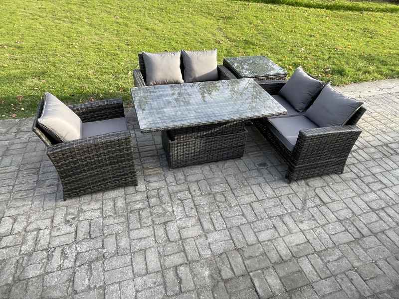 Fimous 5pcs Rattan Outdoor Garden Furniture Set Height Adjustable Rising Lifting Table Sofa Dining Set with Side Table Dark Grey Mixed
