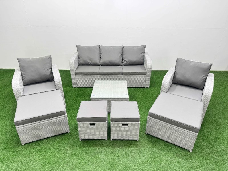 Fimous Outdoor Garden Furniture Set PE Rattan Lounge Sofa Set with Coffee Table 3 Seater Sofa 4 Footstools Light Grey