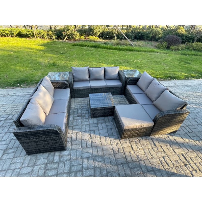 Fimous Rattan Outdoor Furniture Set Patio Garden Sofa Set with Square Coffee Table Big Footstool 2 Side Tables Dark Grey Mixed