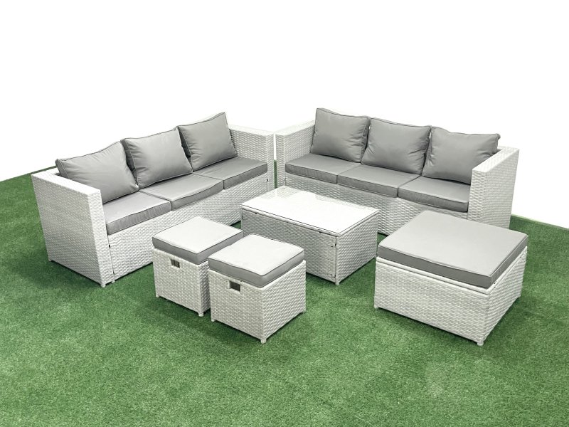 Fimous Garden Outdoor PE Rattan Furniture Set 9 Seater Rattan Garden Sofa Set with 3 Footstools Light Grey Mixed