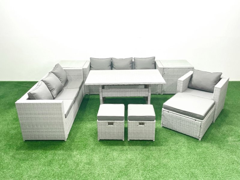 Fimous 9 Pieces Outdoor Rattan Sofa Set with Cushions Patio Garden Furniture Sets with Armchair Dining Table 2 Side Tables 3 Footstools