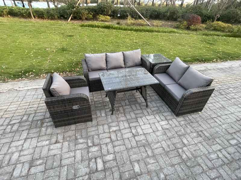 Fimous 6 Seater Outdoor Rattan Garden Furniture Set Patio Lounge Sofa Set with Dining Table Side Table Dark Grey Mixed