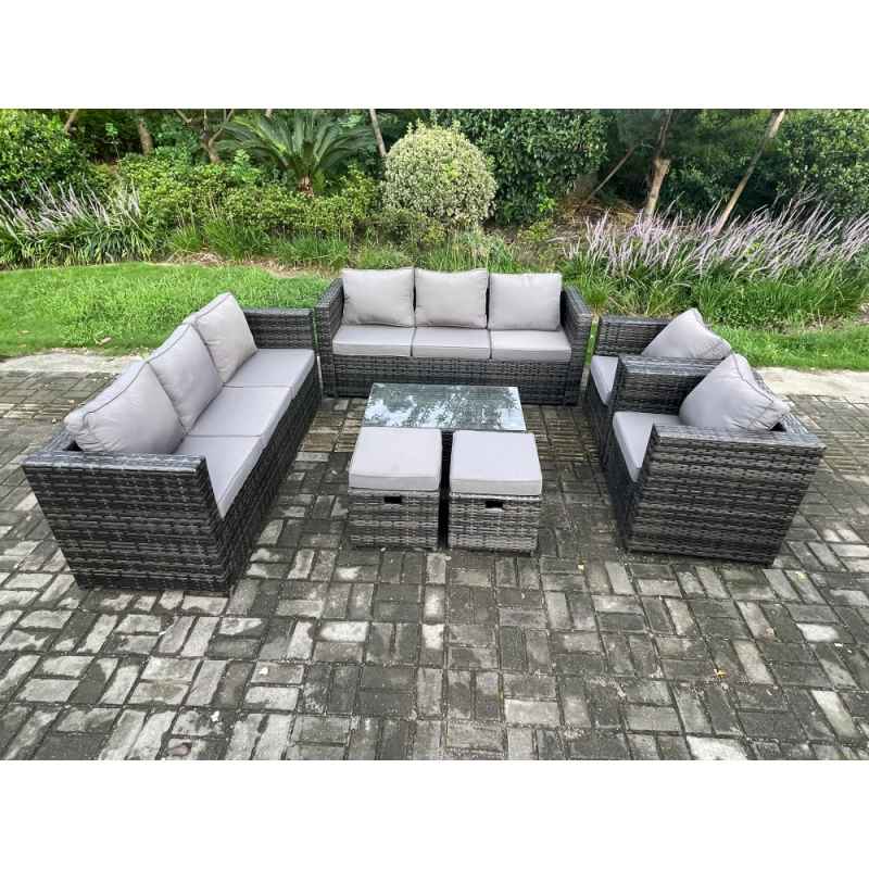 Fimous Wicker PE Rattan Sofa Set Outdoor Patio Garden Furniture with 2 Armchairs Oblong Coffee Table 2 Small Footstools Dark Grey Mixed