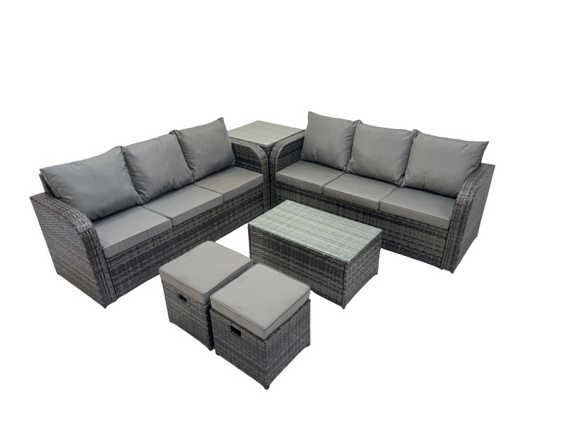 Fimous Outdoor 3 Seater Sofa Coffee Table Set Garden Rattan Furniture Set 8 Seater with 2 Small Stools Side Table Dark Grey
