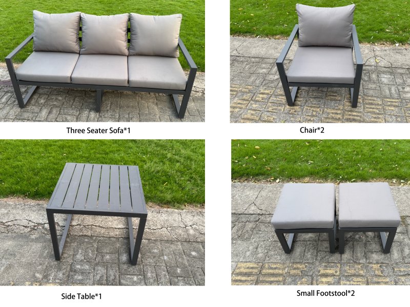 Fimous 6-Piece Aluminium Garden Furniture Sets 7 Seater Outdoor Sofa Set with Adjustable Rising Lifting Dining Table 2 Chairs 2 Small Footstools