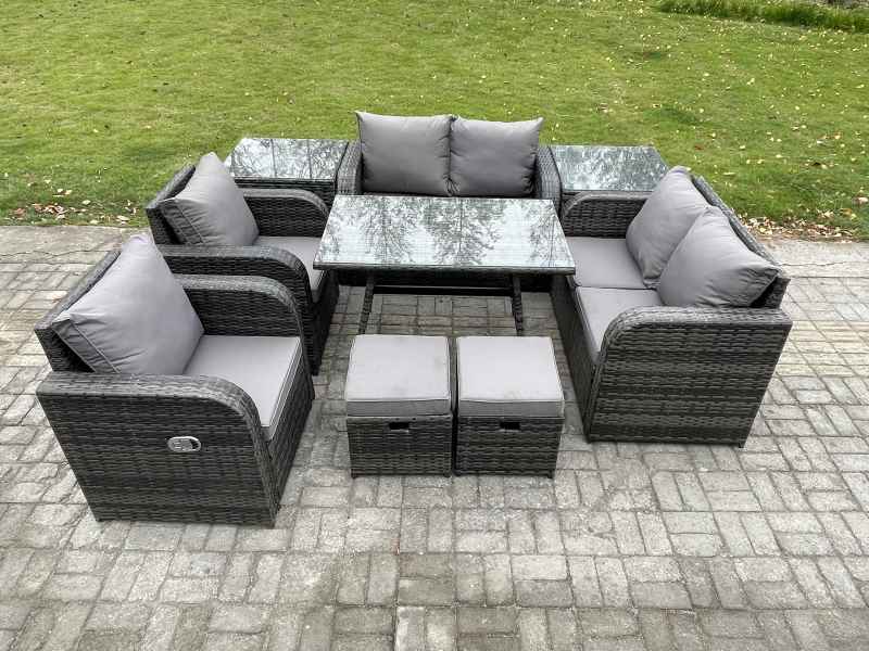 Fimous 8 Seater Wicker PE Rattan Garden Dining Set Outdoor Furniture Sofa with Rectangular Dining Table 2 Side Tables 2 Small Footstools Dark Grey Mixed