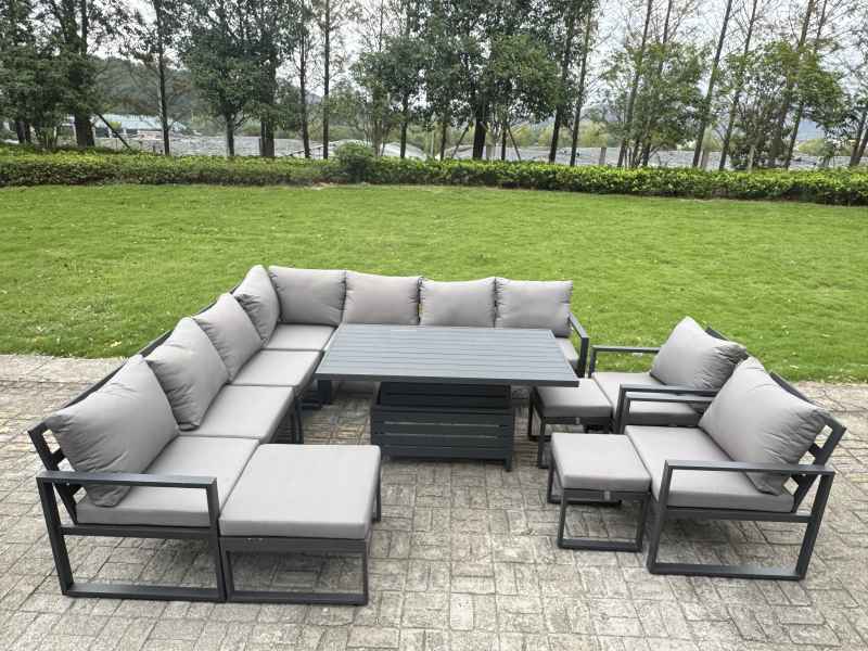 Fimous L-shaped Garden Furniture Set 11-Seater Aluminium Outdoor Dining Set with Adjustable Rising Lifting Dining Table 3 Footstools Chair Dark Grey