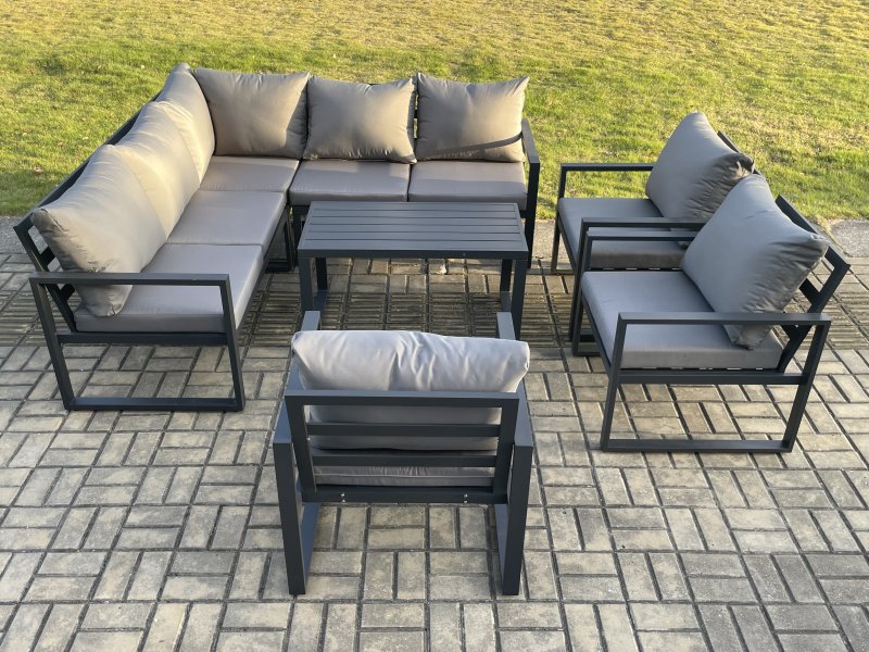 Fimous 8 Seater Aluminium Outdoor Garden Furniture Set Patio Lounge Sofa with Oblong Coffee Table Chair Dark Grey