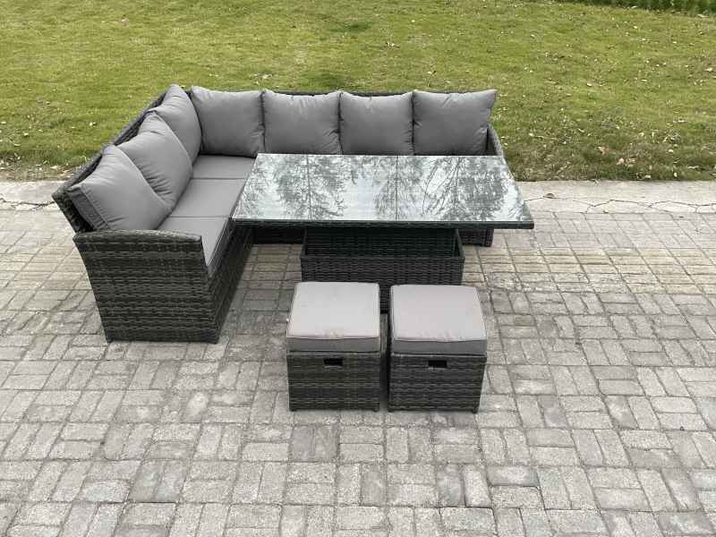 Fimous Wicker PE Outdoor Rattan Garden Furniture Set Height Adjustable Rising Lifting Table Sofa Dining Set with 2 Small Footstools Dark Grey Mixed