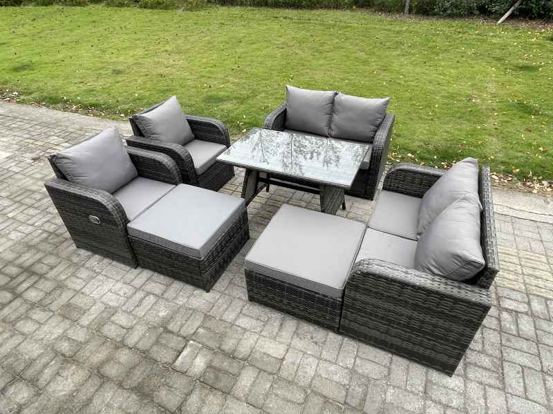 Fimous Outdoor Garden Furniture Sets 8 Seater Rattan Furniture Manual Wicker Patio Sofa Patio Conversation Set with 2 Big Footstool Dark Grey Mixed