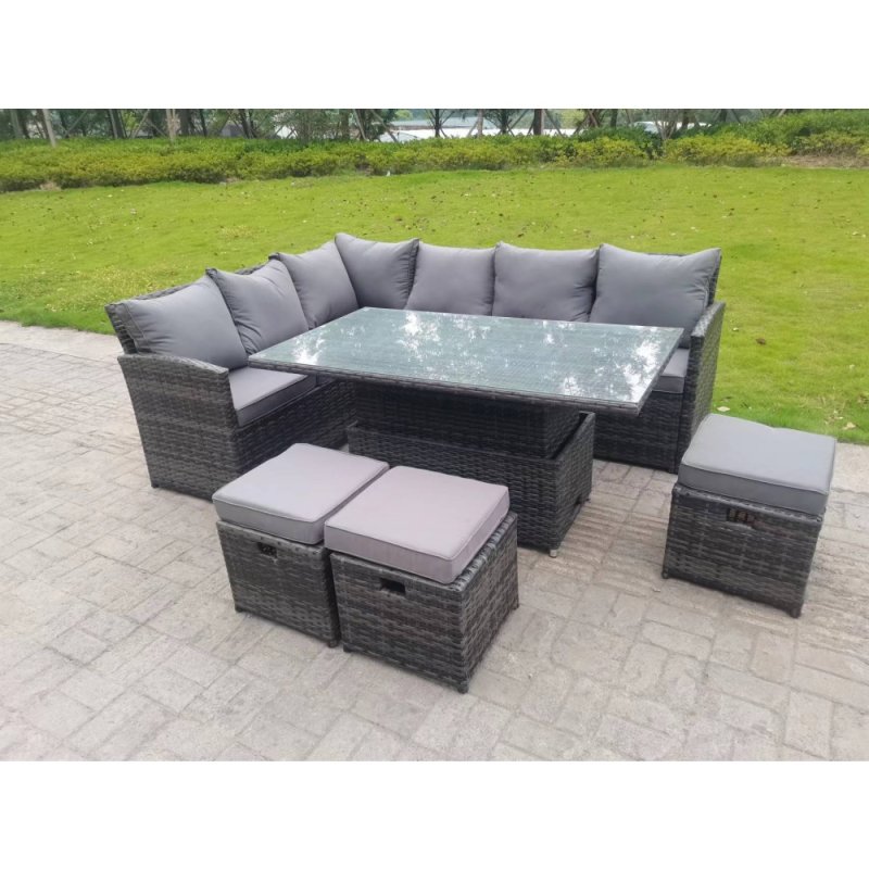 Fimous High Back Corner Rattan Garden Furniture Sofa Rising Dining Table Height Adjustable 9 Seater 3 Small Foot Stools