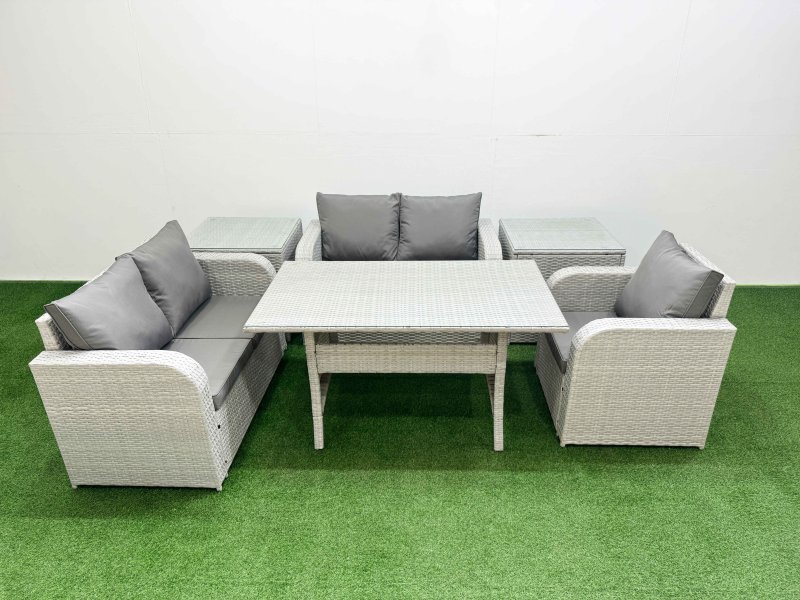 Fimous High Back Poly Rattan Garden Furniture Set with Reclining Chair Loveseat Sofa Rectangular Dining Table Indoor Outdoor Patio Set 2 Side Table Light Grey