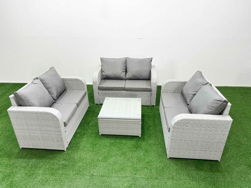 Fimous 6 Seater PE Wicker Rattan Furniture Sofa Sets with Square Coffee Table 2 Seater Love Sofa Light Grey