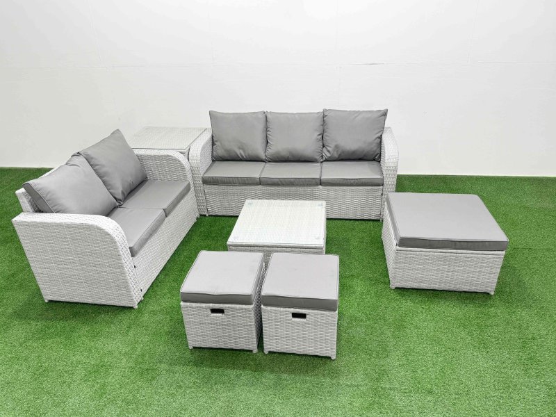 Fimous 8 Seater PE Rattan Wicker Garden Furniture Patio Conservatory Sofa Set with Square Coffee Table 3 Seater Sofa Love Sofa 3 Stool Side Table