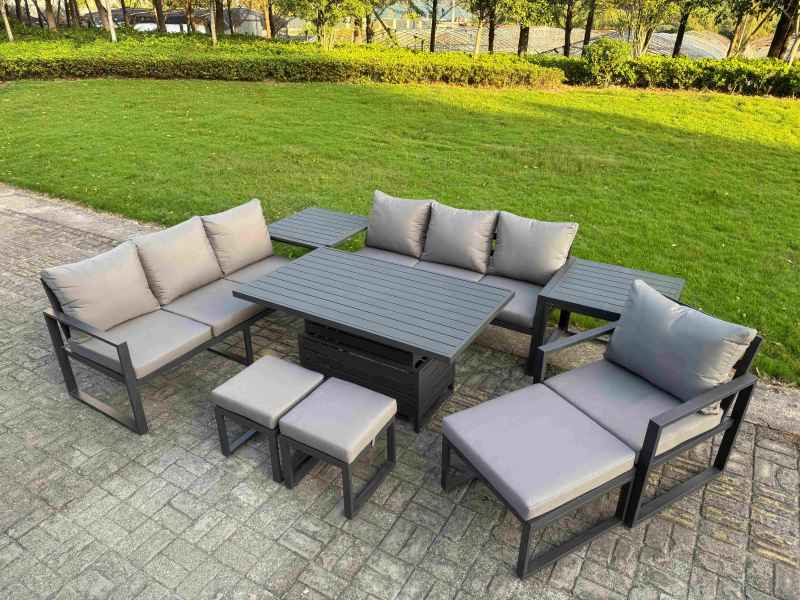 Fimous Garden Aluminium Furniture Set Dark Grey 10 Seater Outdoor Patio Adjustable Rising Lifting Dining Table with 3 Footstools Side Table Dark Grey