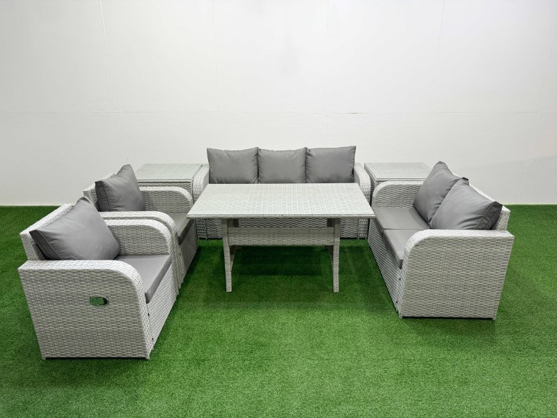 Fimous PE Rattan Garden Furniture Set Reclining Chair Sofa Double Love Seat 2 Seater Sofa Lounge Set Rectangular Dining Table 2 Side Table Light Grey