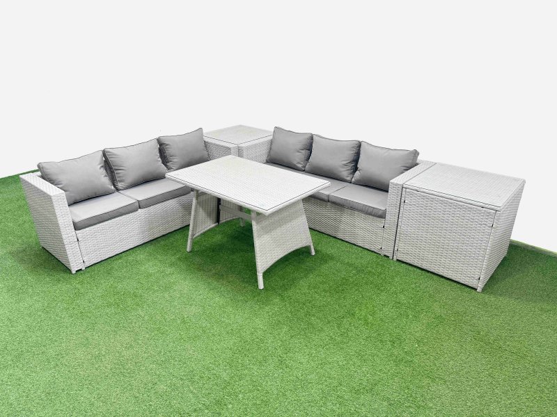 Fimous Rattan Garden Furniture Dining Set 6-seater Patio Rectangular Table 3 Seater Sofa Set with 2 Side Tables Light Grey