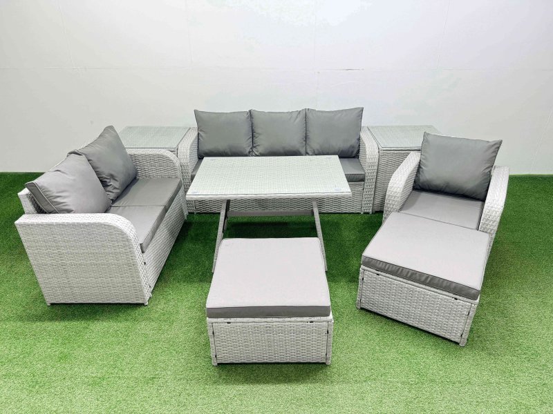 Fimous Rattan High Back Lounge Sofa Set Patio Dining Table & Chairs Set with 3 Seater Sofa Reclining Chair 2 Side Tables 2 Big Stool Light Grey