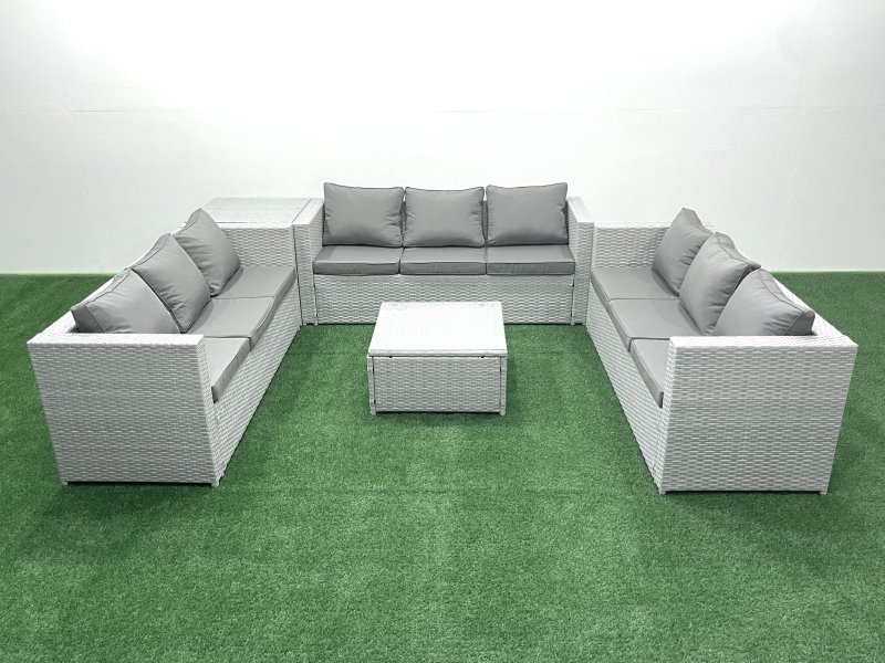 Fimous Rattan Garden Outdoor Furniture Set 9 Seater Rattan Garden Sofa Set with Side Table Light Grey Mixed