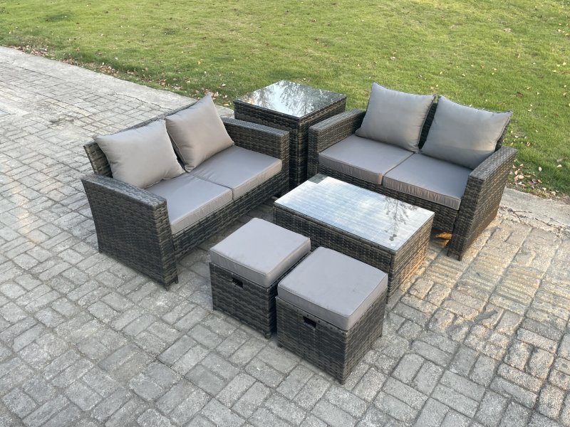 Fimous Wicker Rattan Garden Furniture Sofa Set with Rectangular Coffee Table Double Seat Sofa 2 Small Footstool Side Table 6 Seater Outdoor Rattan Set Dark Grey Mixed