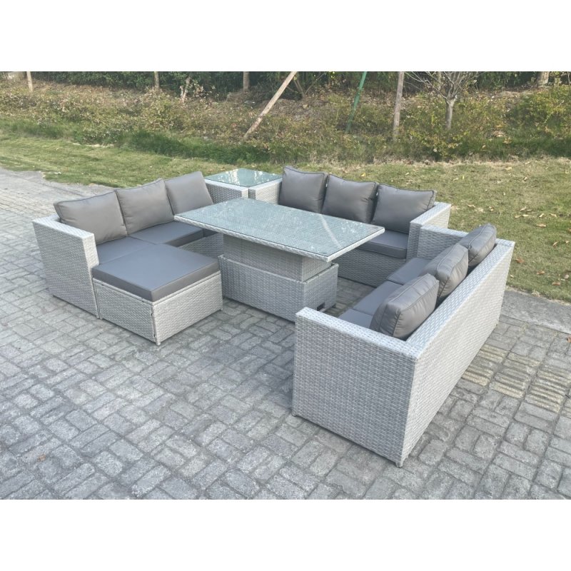 Fimous Lounge Rattan Garden Furniture Set Adjustable Rising Lifting Table Dining Set With Side Coffee Tea Table Footstool