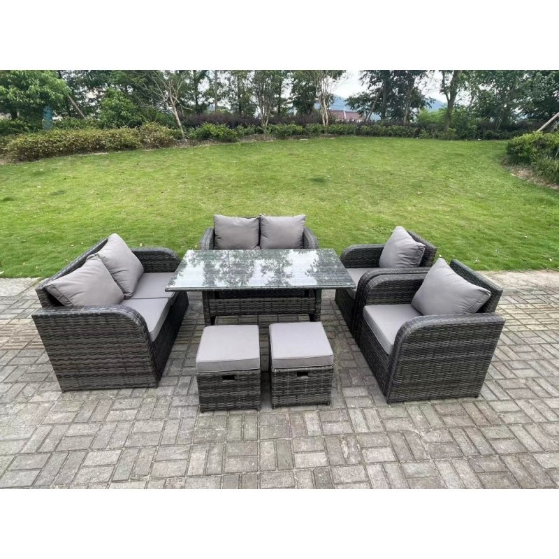 Fimous 8 Seater Dark Grey PE Wicker Rattan Garden Furniture Set Reclining Chair 2 Seater Love Sofa Set Outdoor Rectangular Dining Table 2 Stools