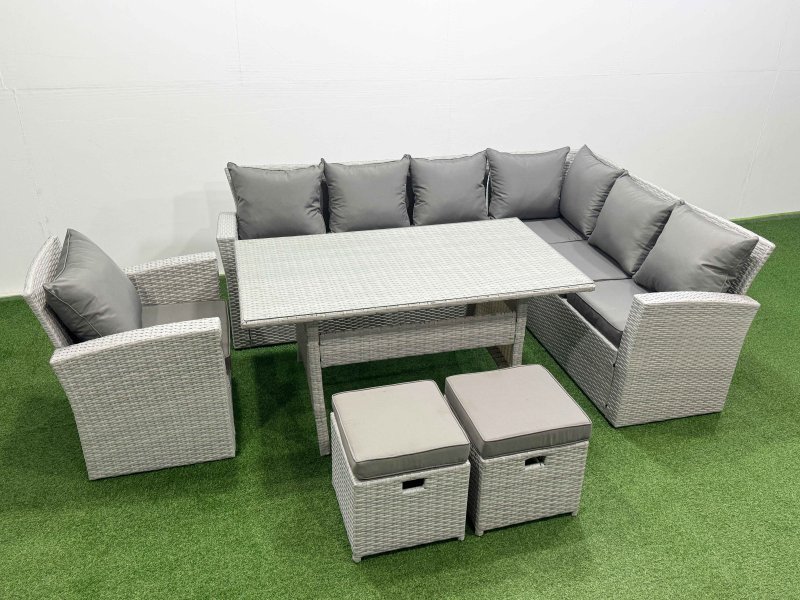 Fimous Rattan Garden Furniture Set Outdoor 9 Seater Patio Dining Corner Sofa Sets with Dining Table Chair 2 Small Footstools Light Grey Mixed