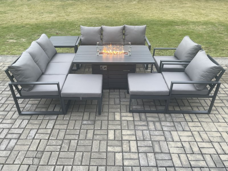 Fimous Aluminium Outdoor Garden Furniture Set Patio Lounge Sofa Gas Fire Pit Dining Table Set with Side Table 2 Big Footstools Dark Grey
