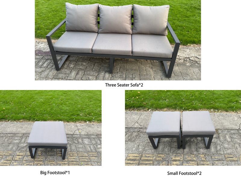 Fimous 7 Pieces Garden Furniture Set Aluminium Adjustable Rising Lifting Dining Table and Sofa Set with 2 Side Tables 2 Small Footstools Dark Grey