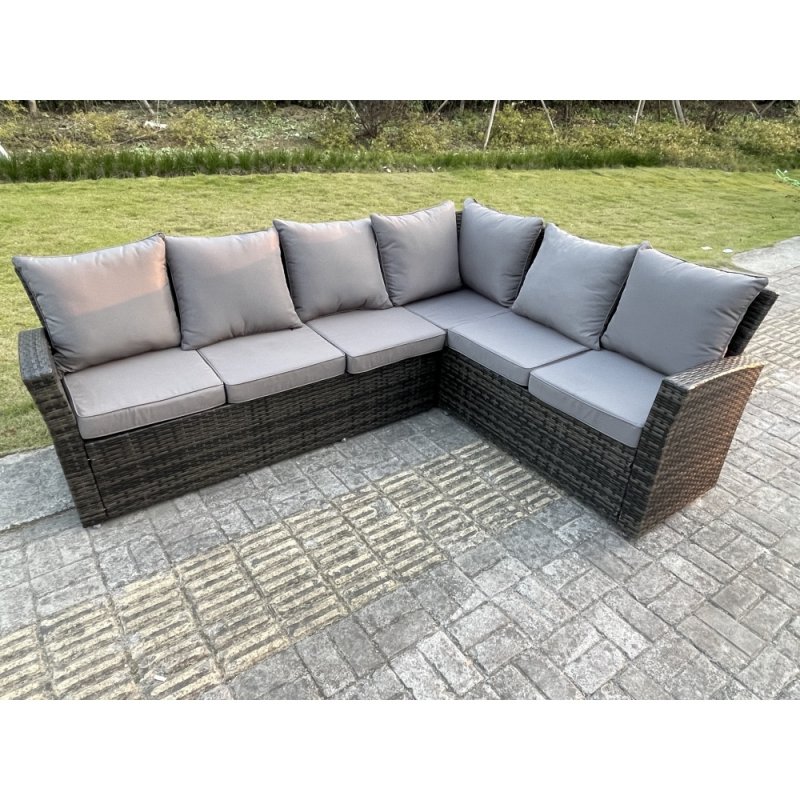 Fimous 7 Seater?Outdoor Rattan High Back Adjustable Rising Lifting Dining Table Corner Sofa Set Garden Furniture Dark Grey Mixed Right Hand