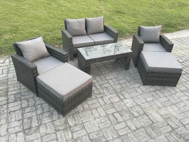 Fimous 6 Seater High Back Rattan Garden Furniture Sofa Sets with Rectangular Coffee Table Armchair 2 Big Footstool Dark Grey Mixed