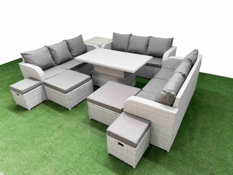 Fimous 8 Pieces Garden Rising Dining Table High Back Inclining Sofa Set 2 Big Footstool 2 Small Stool 1 Side Table Light Grey