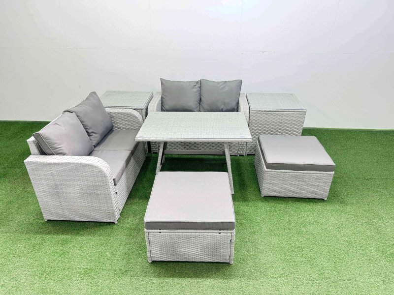 Fimous 6 Seater Outdoor Love Sofa Set Rattan Garden Furniture Set with Rectangular Dining Table 2 Side Tables 2 Big Footstool Light Grey
