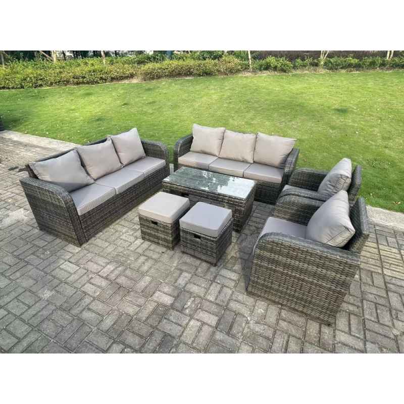 Fimous 10 Seater Dark Grey PE Wicker Rattan Garden Furniture Set Reclining Chair 3 Seater Lounge Sofa Set Outdoor Rectangular Coffee Table