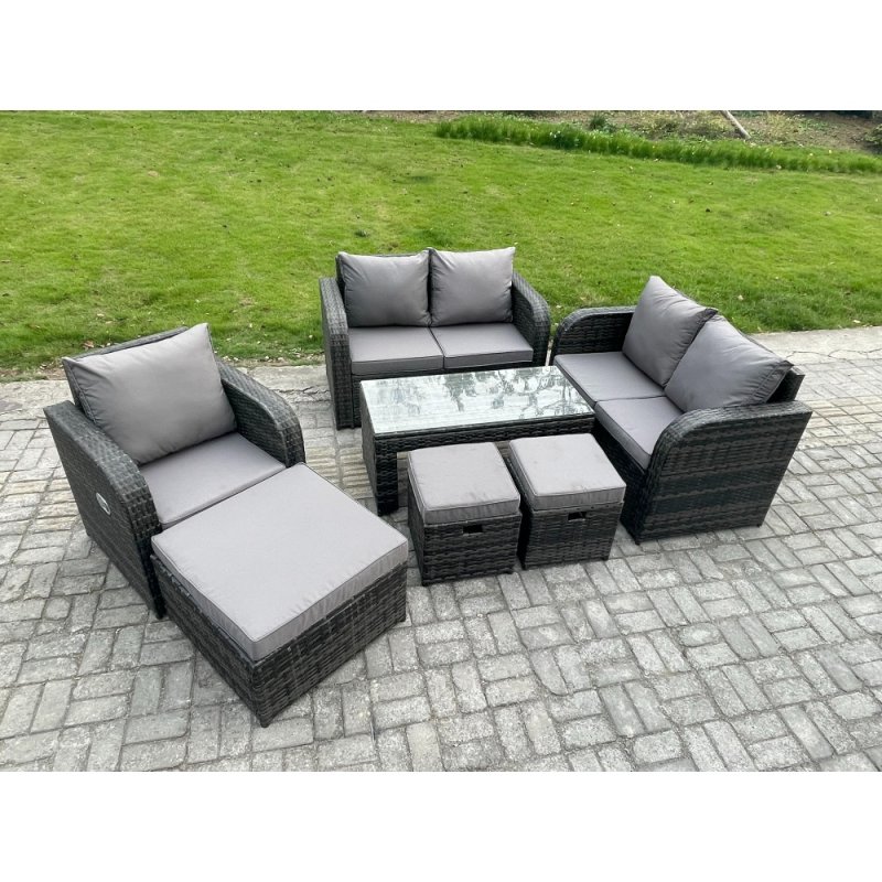 Fimous Rattan Outdoor Garden Furniture Sofa Set Patio Table & Chairs Set with 3 Footstools Dark Grey Mixed