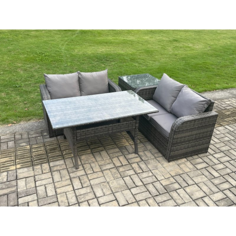 Fimous 4 Seater Rattan Outdoor Garden Furniture Set Rectangular Dining Table and Loveseat Sofa Set With Side Table Dark Grey Mixed