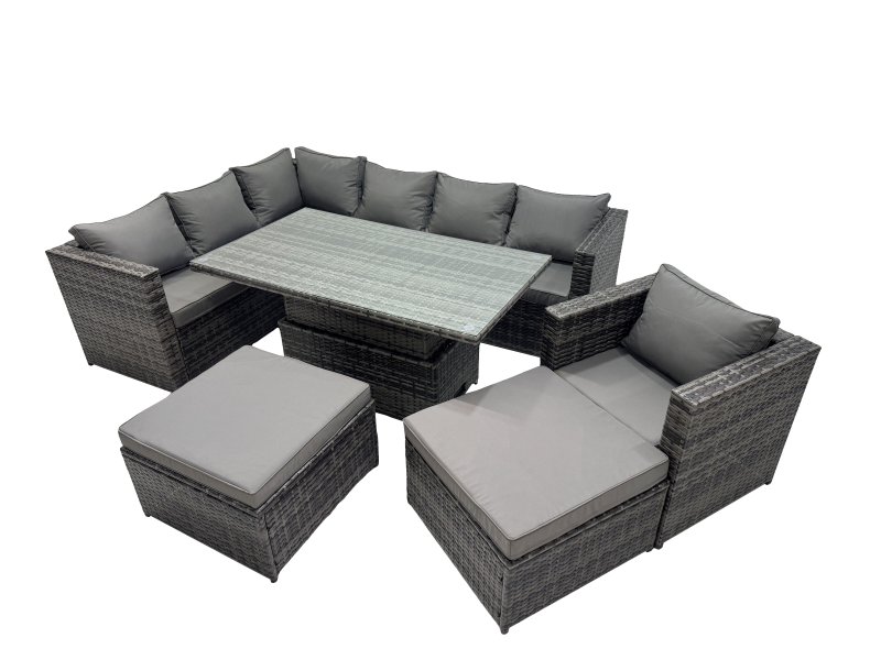 Fimous 9-seater Height Adjustable Rising Lifting Table Corner Sofa Set Rattan Garden Furniture Dining Set with 2 Big Stool Dark Grey Mixed