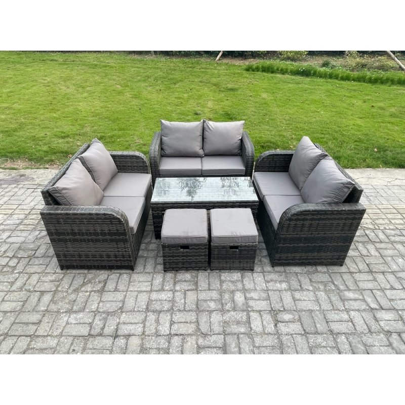 Fimous Outdoor Garden Furniture Sets 6 Pieces Wicker Rattan Furniture Sofa Sets with Rectangular Coffee Table Love seat Sofa 2 Small Footstools