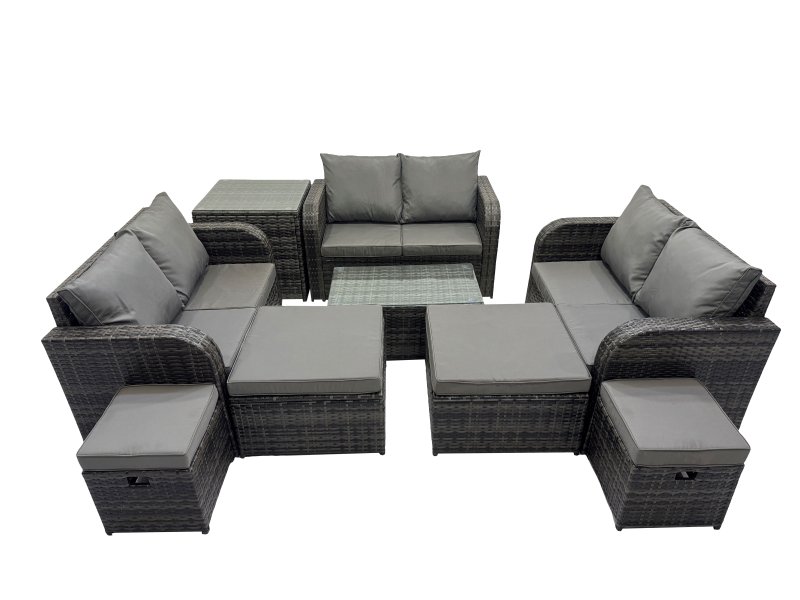 Fimous Outdoor Love Sofa Coffee Table Set Garden Rattan Furniture Set 10 Seater with 4 Stools Side Table Dark Grey