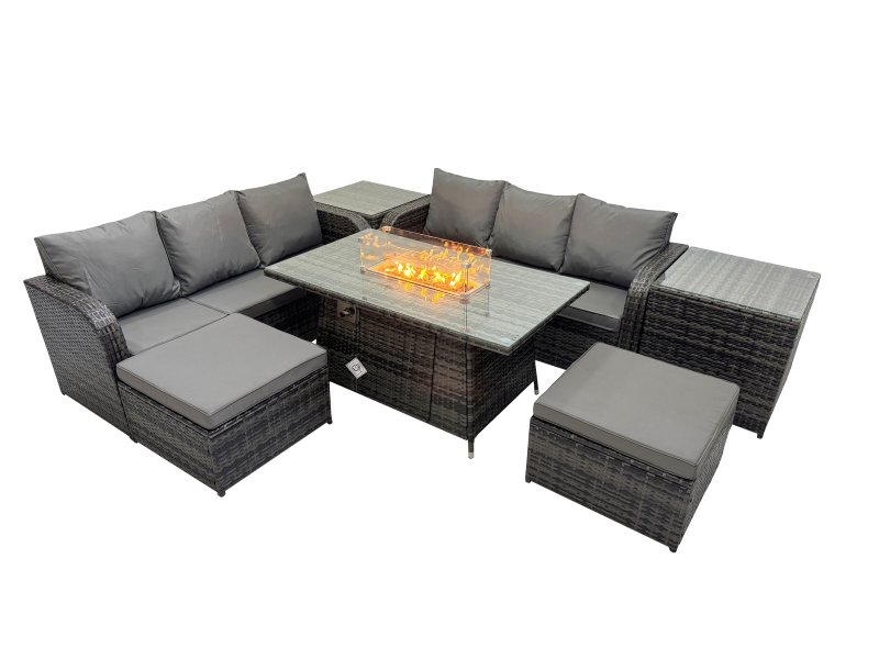 Fimous Garden Outdoor Rattan Furniture Set Rattan 3 Seater Sofa with 2 Big Stools 2 Side Tables Dark Grey Mixed