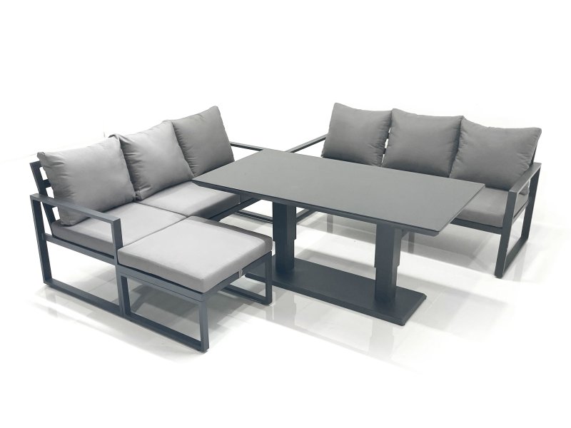 Fimous 7 Seater Aluminium Outdoor Garden Furniture Set with Adjustable Rising Lifting Dining Table 3 Seater Sofa Big Footstool Dark Grey