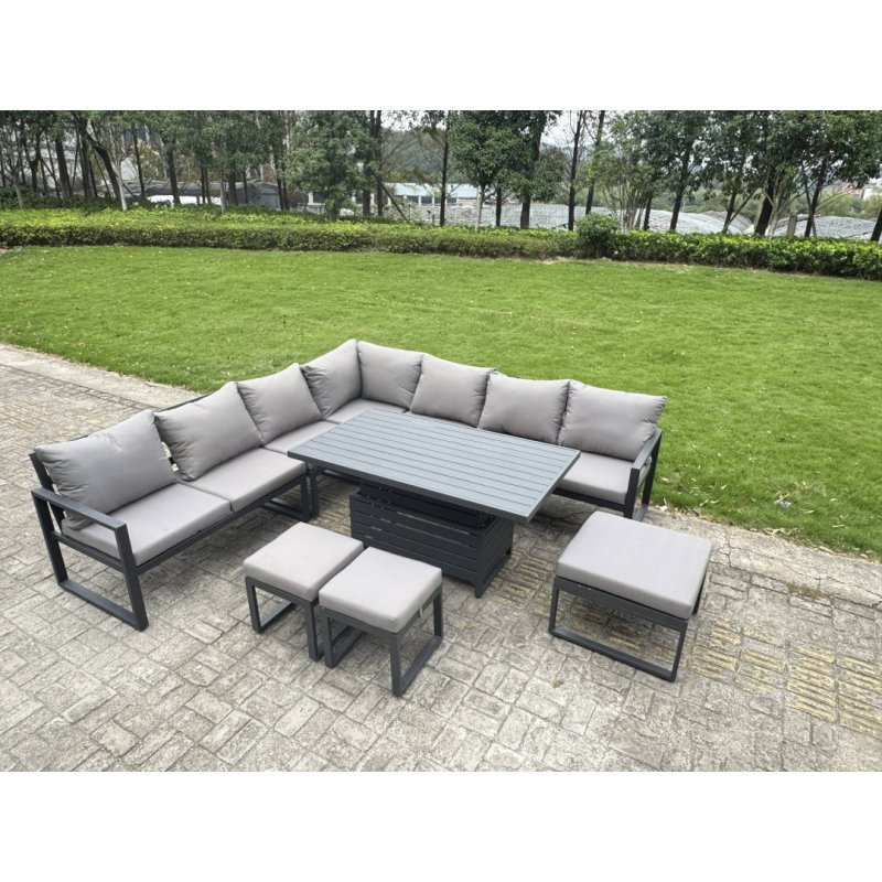 Fimous 12 Seater Aluminium Sofa Set 11 Pieces Outdoor Garden Furniture - Rising Dining Table with Cushions 2 Big Footstools 3 Chairs Footstool Dark Grey